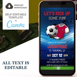 Soccer Birthday Invitation, Soccer Electronic Party Invite, Football Editable Canva Template, Phone Evite, Digital Evite Instant Download