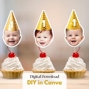 DIY-festhattfoto-muffinstoppare redigerbar mall, anpassade babyansikte-födelsedagstoppare, personliga guldhattansiktstoppare, digital fil