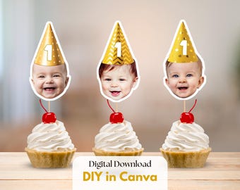 DIY Partyhut Foto Cupcake Toppers Bearbeitbare Vorlage, Benutzerdefinierte Baby Gesicht Geburtstag Toppers, personalisierte Goldhut Gesicht Toppers, digitale Datei