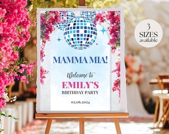 Mediterranean Welcome Sign Template with Photo, Dancing Queen Welcome Sign, Greece Theme Bougainvillea Disco Sign Template, Instant Download