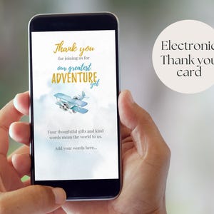 Our Greatest Adventure Baby Shower Thank You Card, Adventure Awaits Editable Template, Airplane Electronic Thank you Card, Travel Thank you