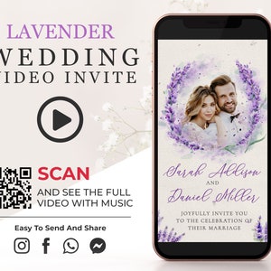 Faire-part de mariage numérique lavande, invitation électronique animée violette avec photo, faire-part rustique lilas, faire-part de fiançailles vidéo W1
