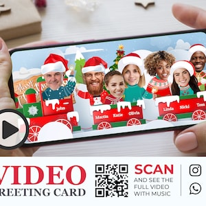 Tarjeta de felicitación navideña corporativa en video con fotos de empleados, tarjeta navideña de la empresa, tren navideño empresarial, video personalizado animado divertido