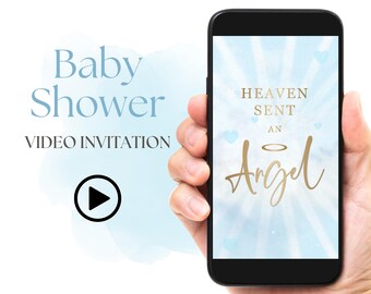 Heaven Sent an Angel Baby Shower Video Invitation, Sky Themed Piece of Heaven Baby Shower Party, Boys Clouds Dreamy Digital Invitation BSH2