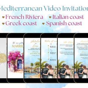 Convite de vídeo Mediterrâneo, Vídeo de casamento na Riviera Francesa, Convite digital da costa italiana, Convite eletrônico animado com tema da Grécia