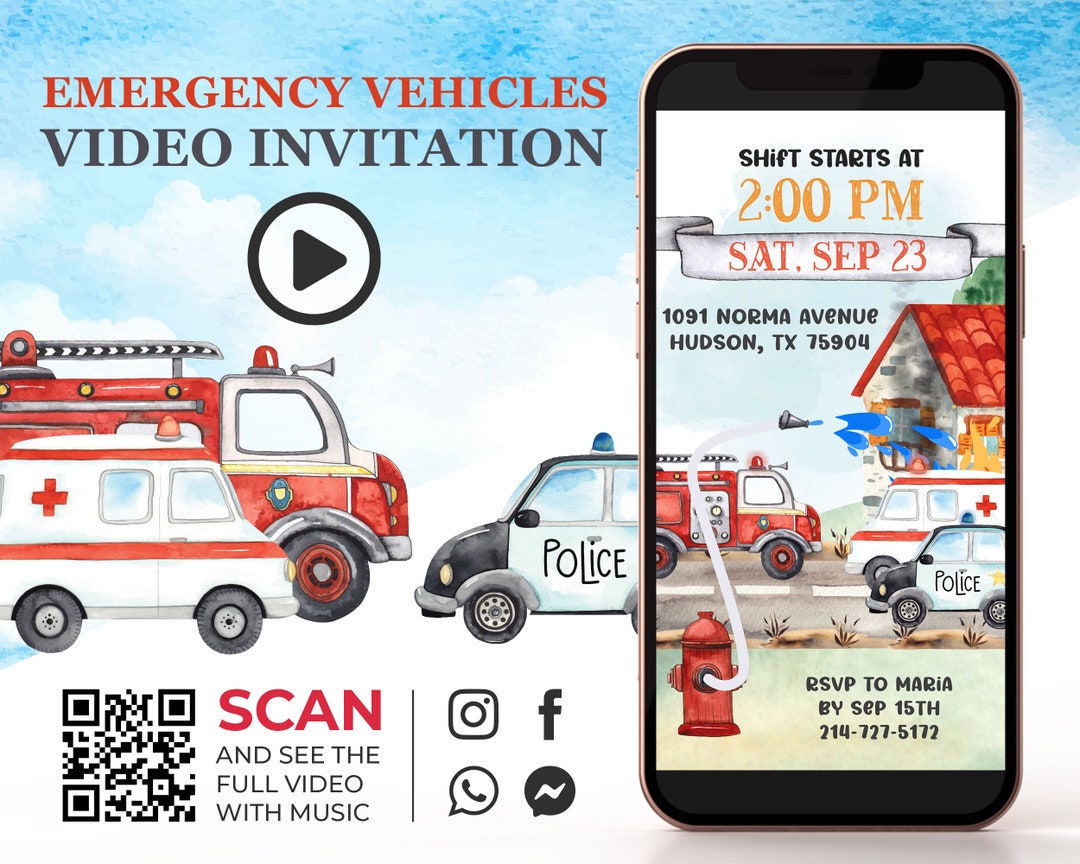 First Responders Birthday Video Invitation, Emergency Vehicles Birthday ...