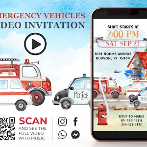 Eerstehulpverleners videoverjaardagsuitnodiging, verjaardagsuitnodiging noodvoertuigen, brandweerwagen politiewagen partij ambulance videoanimatie K1