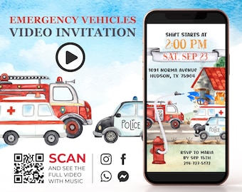 First Responders Birthday Video Invitation, Emergency Vehicles Birthday Invitation, Firetruck Police Car Party Ambulance Video Animation K1
