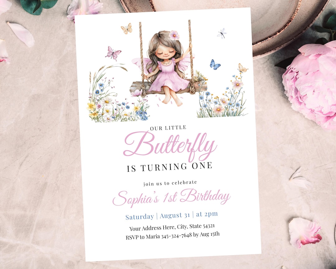 Butterfly Birthday Invitation, 1st Birthday Flutter Party Editable ...
