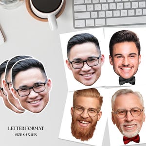 May include: A collection of face cutouts, each featuring a smiling person wearing glasses or a bow tie. The faces are printed on white paper. The text "LETTER FORMAT SIZE 8.5 X 11 IN" is printed at the bottom of the image.