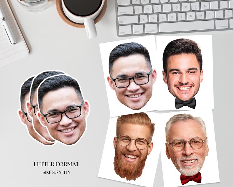 May include: A collection of face cutouts, each featuring a smiling person wearing glasses or a bow tie. The faces are printed on white paper. The text "LETTER FORMAT SIZE 8.5 X 11 IN" is printed at the bottom of the image.