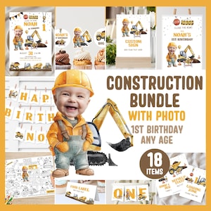 Puede incluir: Un conjunto de cumpleaños con temática de construcción con un niño sonriente con un atuendo de trabajador de la construcción, una pancarta que dice "Happy Birthday" y decoraciones para fiestas. El conjunto incluye 18 artículos.