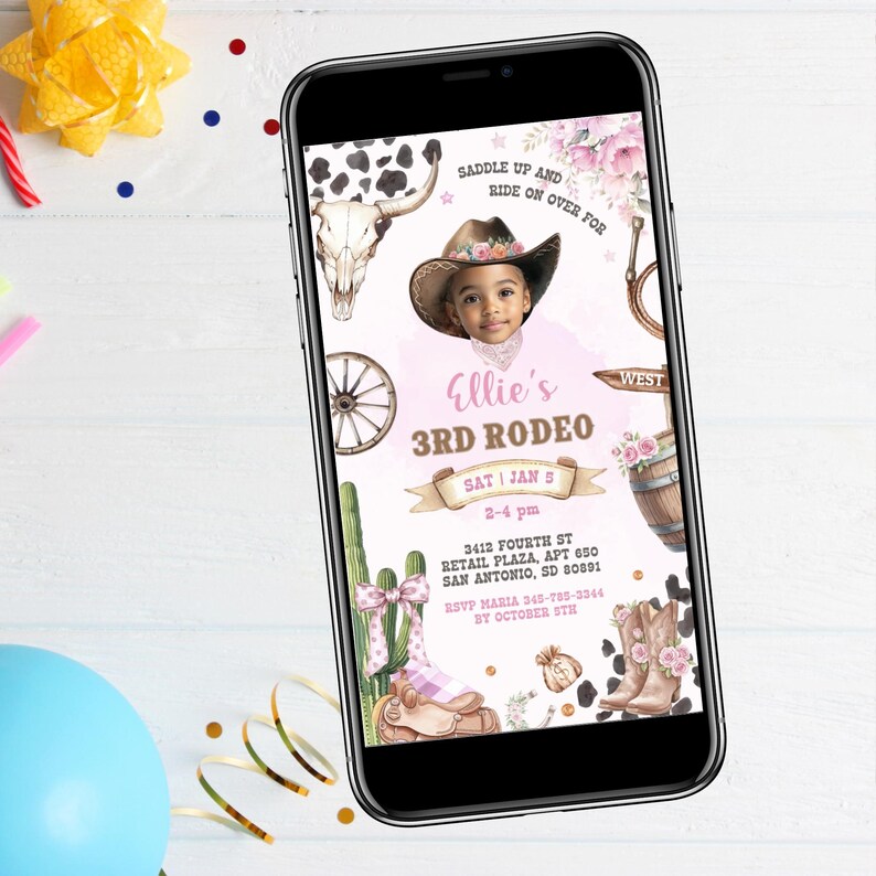 DIY Photo First Rodeo Birthday Invitation, Cowgirl 1st Party Animated ...