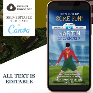 Faire-part d'anniversaire de football, invitation de fête numérique de football Portugal, invitation de football, modèle de toile modifiable, téléphone Evite, téléchargement immédiat