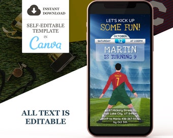 Soccer Birthday Invitation, Soccer Portugal Digital Party Invite, Football Invite, Editable Canva Template, Phone Evite, Instant Download