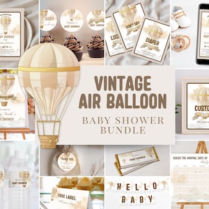 Our Greatest Adventure Baby Shower Invitation Bundle, Vintage Hot Air Balloon Editable Template, Neutral Clouds Games, Digital Download 1027