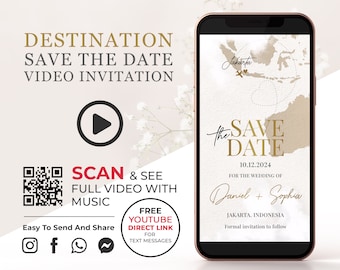 Invitation vidéo Save the Date de destination Gold, vidéo d’annonce d’engagement numérique de la carte du monde, invitation téléphonique animée de voyage W1