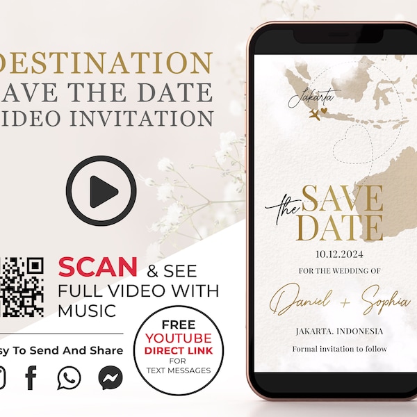 Gold Zielland Save the Date Video-Einladung, Weltkarte Digitales Verlobungs-Ankündigungsvideo, Reiseanimierte Telefoneinladung W1