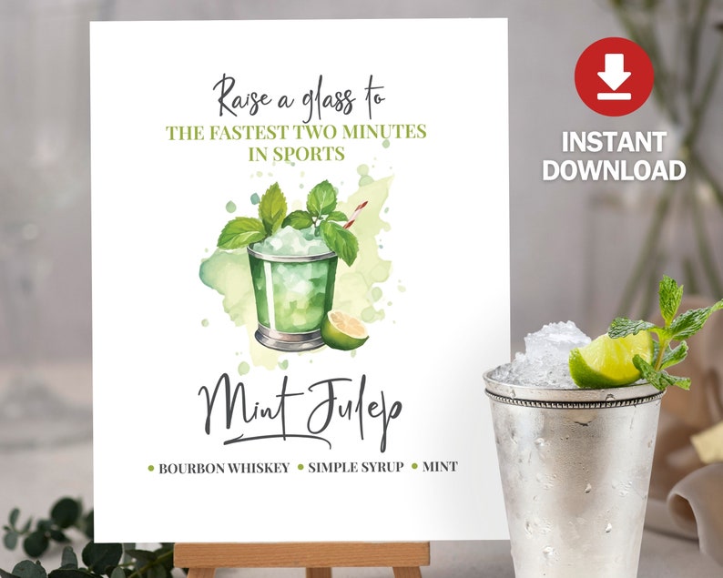 Mint Julep Drink Party Sign, Mint Julep Bar Sign, Kentucky Derby Bar Decoration, Kentucky Derby Traditional Drink Printable Instant Download image 1