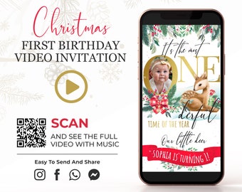 Christmas 1st Birthday Video Invitation, Little Deer First Birthday Invite, It's the most Onederful Time Animated Video, Social Media K1