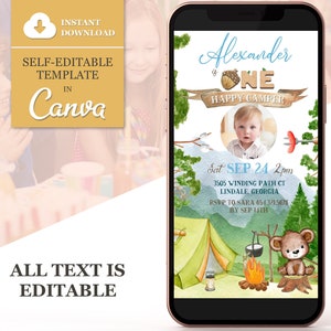 Camper Birthday Digital Invitation with Photo, One Happy Camper Smore Electronic Invite, Bonfire Camping Editable Canva Template, Text Evite