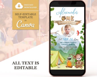 May include: A digital invitation for a first birthday party with a camping theme. The invitation features a watercolor illustration of a tent, a campfire, a bear, and a lantern. The text on the invitation reads "Alexander is One Happy Camper" and includes the date, time, and location of the party.