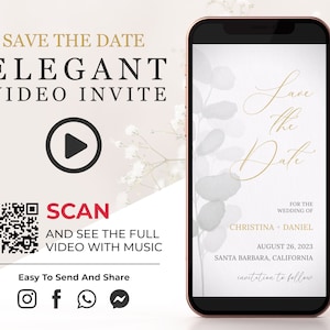 Minimal Save the Date Video Invitation, Eucalyptus Elegant Animated Wedding Invite, Modern Greenery Video Invite, Engagement Announcement W1