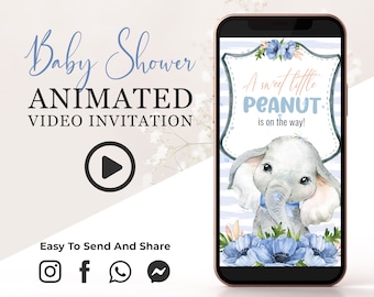 Elephant It's a Boy Baby Shower Video Invitation, Dusty Blue Flowers Animated E Invite, Personalized Digital Video Invite, Social Media BSH2