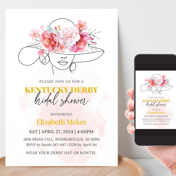 Kentucky Derby bruids douche uitnodiging, Derby Hat Party bewerkbare sjabloon, Derby bloemen uitnodiging, rennen voor de rozen sjabloon in Canva