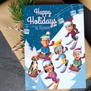 Carte de voeux de Noël photo drôle, carte de vœux de famille ou d'entreprise faisant du ski, carte de famille ou d'équipe de neige drôle avec vos visages, fichier numérique