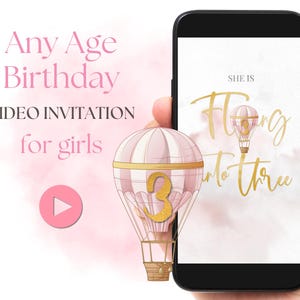 Heteluchtballon met nummer videoverjaardagsuitnodiging, elke leeftijd meisje avontuur avontuur verjaardagsuitnodiging, roze wolken digitale video-uitnodiging