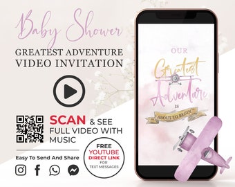 Our Greatest Adventure Baby Girl Shower Video Invitation, Adventure Awaits Invite, Vintage Plane Clouds Digital Video for Social Media BSH2