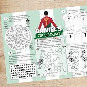 Página de actividades de cumpleaños con temática de Ronaldo, hoja de actividades de fútbol de Portugal, juegos de fiesta de fútbol, plantilla editable de juegos de cumpleaños, archivo digital