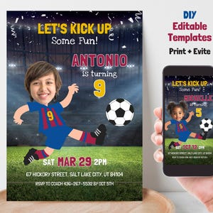 Modèle modifiable d'invitation d'anniversaire de football bricolage avec photo, impression de fête de football de visage et Evite, téléchargement numérique B2 personnalisé de fête de football commune commune