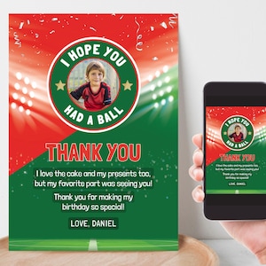 Modèle modifiable de carte de remerciement de football avec photo, fête d'anniversaire du Portugal, remerciement imprimable et électronique, téléchargement immédiat