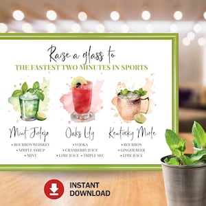 Kentucky Derby Drinks Party Sign, Kentucky Derby Cocktails Art Print, Mint Julep, Oaks Lily, Kentucky Mule Party Printable Instant Download