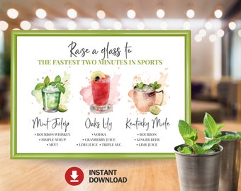 Kentucky Derby Drinks Party Sign, Kentucky Derby Cocktails Art Print, Mint Julep, Oaks Lily, Kentucky Mule Party Printable Instant Download