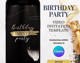 DIY Birthday Party Video Invitation Template in Canva, Sparkly Champaign Birthday Invite, Elegant Anniversary Video, Digital Download B1