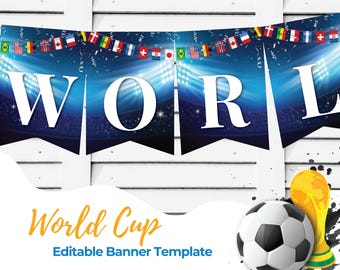 Fußball-WM-Bannervorlage, Fußball-Geburtstagsfeier bearbeitbare Wimpelkette, Weltflaggen-Stadion bearbeitbare Canva-Vorlage, sofortiger Download