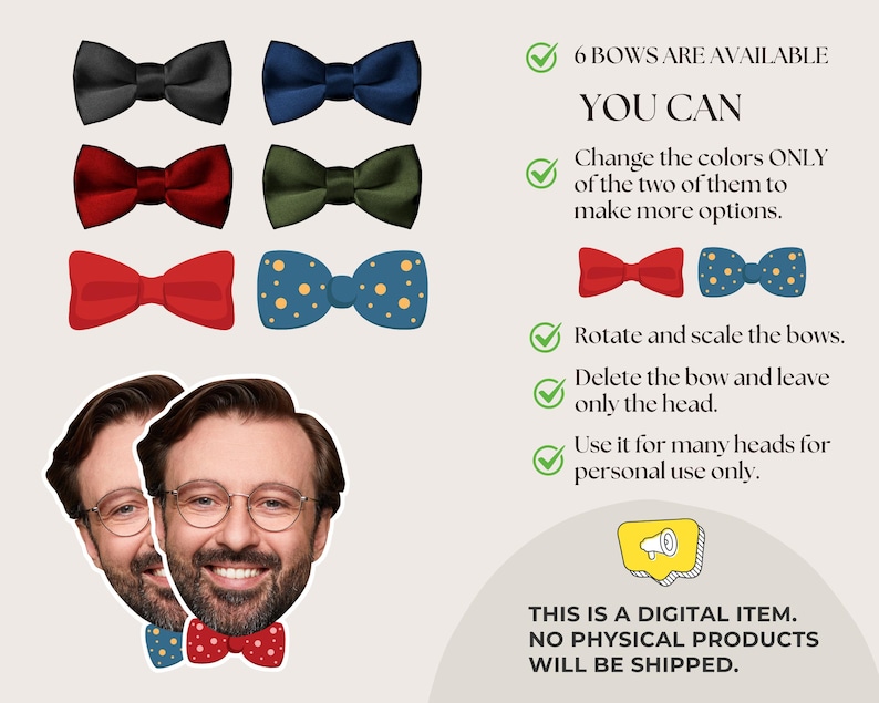 May include: Six bow ties in various colors, including black, navy, red, and green, are displayed. One bow tie has a blue background with yellow polka dots. The image also includes two headshots and text that reads "This is a digital item. No physical products will be shipped."