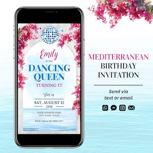 Mediterrane Geburtstagseinladung Vorlage in Canva, Dancing Queen Geburtstag Digitale Einladung, Griechenland Disco Ball Bougainvillea Evite
