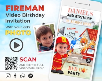Fireman Birthday Video E Invitation, Firefighter Party Invite, Fire Truck Invite, Firetruck Animation, Custom Photo Animated Character K1