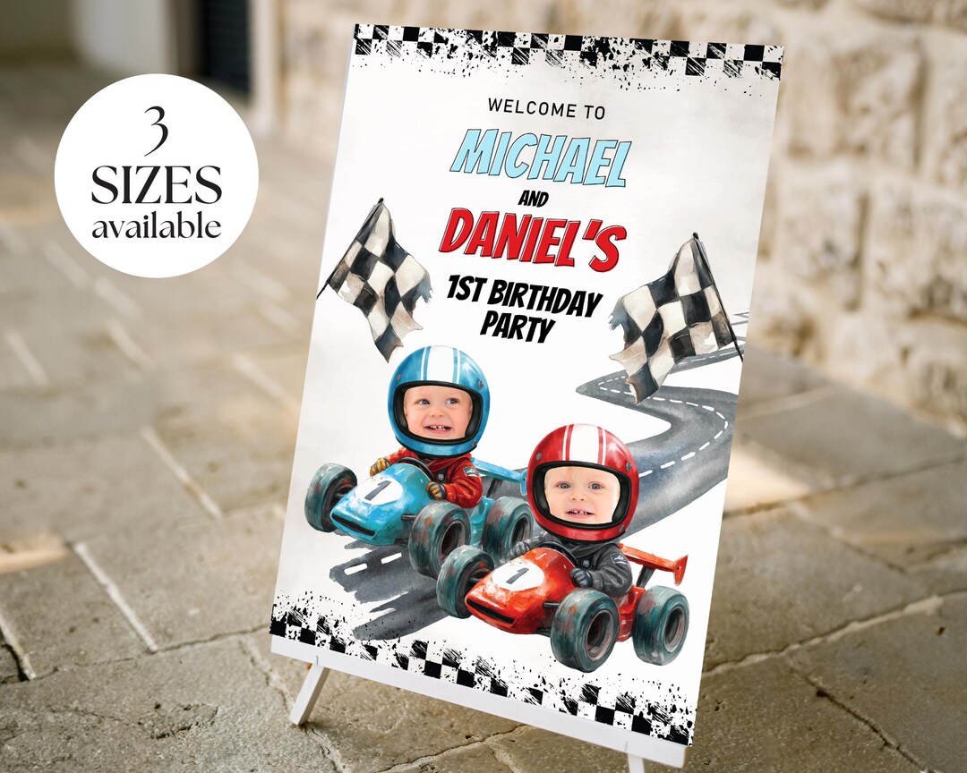 Twins Photo Red Blue Fast One 1st Birthday Welcome Sign, Siblings ...