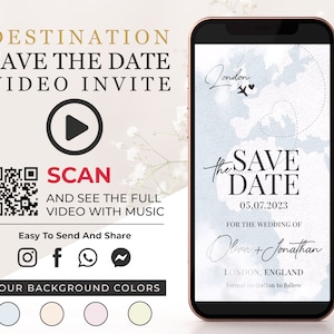 Invitación de video para guardar la fecha de destino, invitación de boda digital animada con mapa del mundo, anuncio de compromiso, invitación de video para teléfono W1
