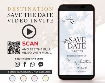 Destination Save the Date Video Invitation, World Map Digital Animated E Wedding Invite, Engagement Announcement, Phone Video Invitation W1