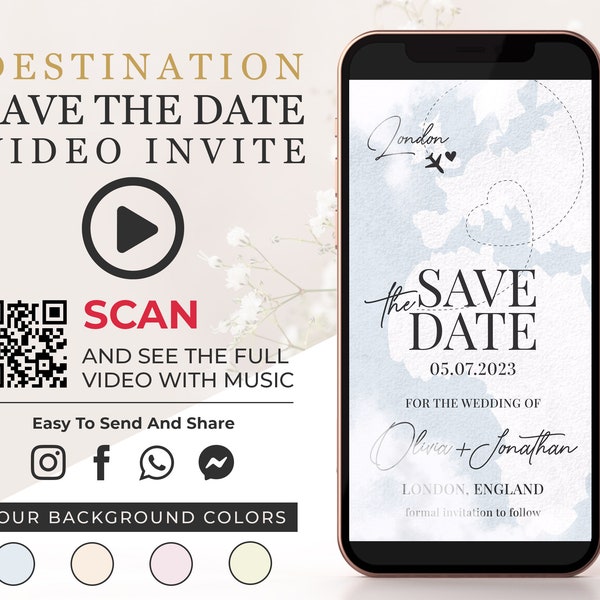 Destination Save the Date Video Invitation, World Map Digital Animated E Wedding Invite, Engagement Announcement, Phone Video Invitation W1