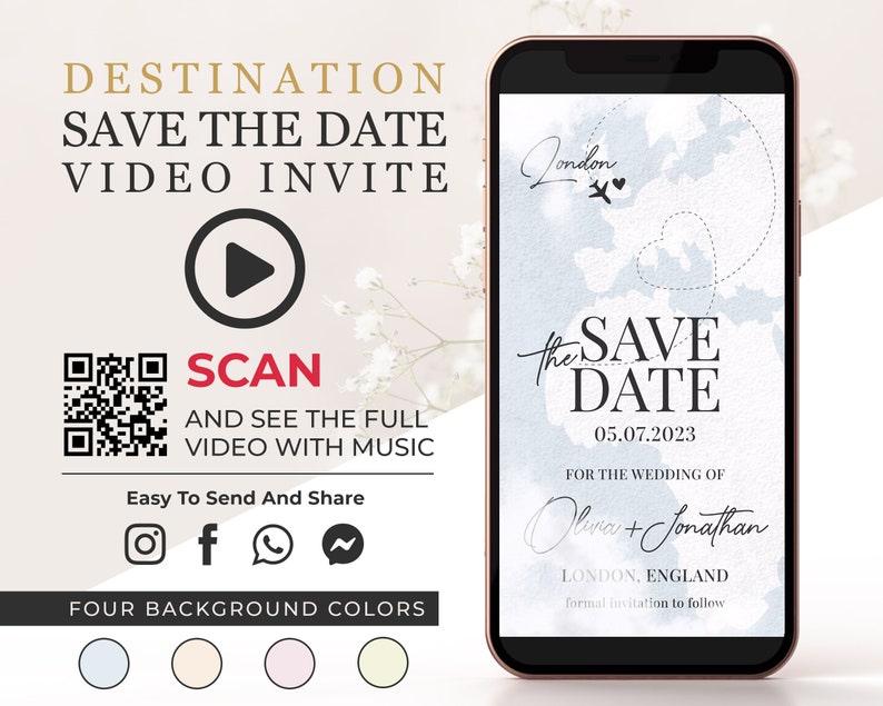 Destination Save the Date Video Invitation, World Map Digital Animated E Wedding Invite, Engagement Announcement, Phone Video Invitation W1 image 1