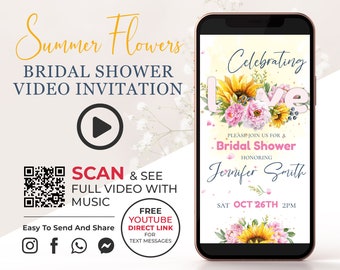 Celebrating Love Bridal Shower Video Invitation, Summer Theme Custom Invite, Sunflowers and Peonies Digital Video Invite, Social Media BSH1