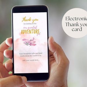 Our Greatest Adventure Baby Shower Thank You Card, Adventure Awaits Editable Template, Airplane Electronic Thank you Card, Travel Thank you