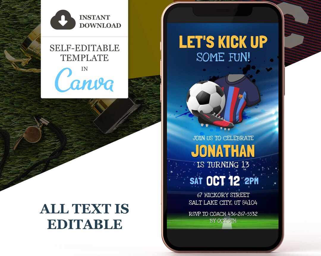 Soccer Birthday Invitation, Soccer Fans Electronic Party Invite, Futbol ...